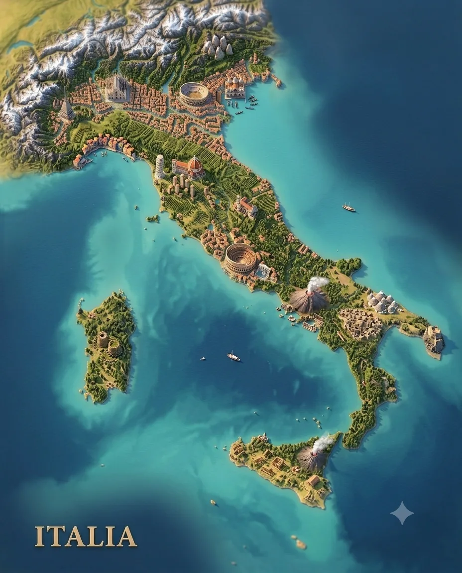 An illustrated diorama of Italy seen from above, the Duomo, the Colosseum, Vesuvius, the trulli of Puglia and Etna picked out across the peninsula